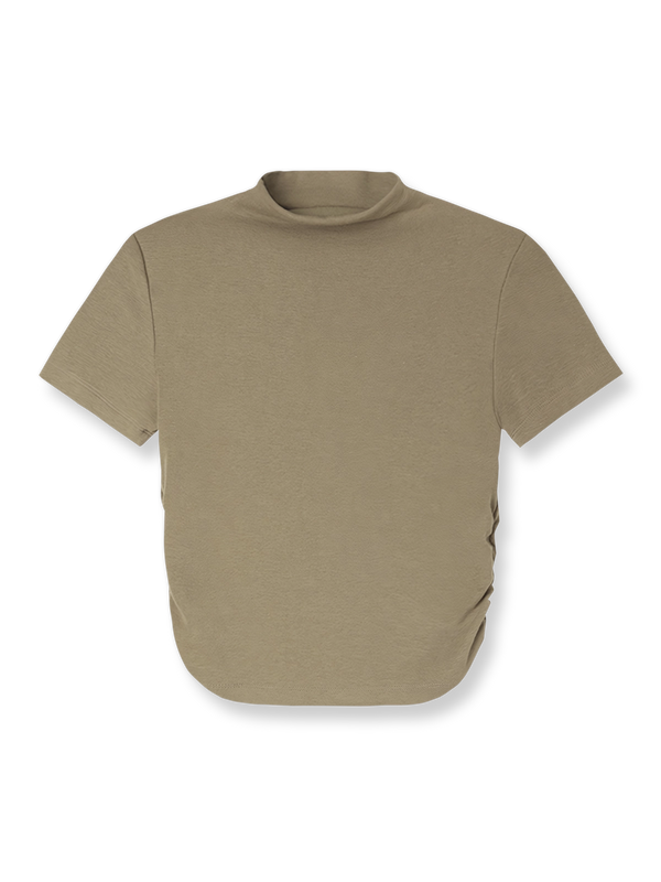 製品画像: カーキ色のサイドギャザーハイネックショートTシャツ正面図