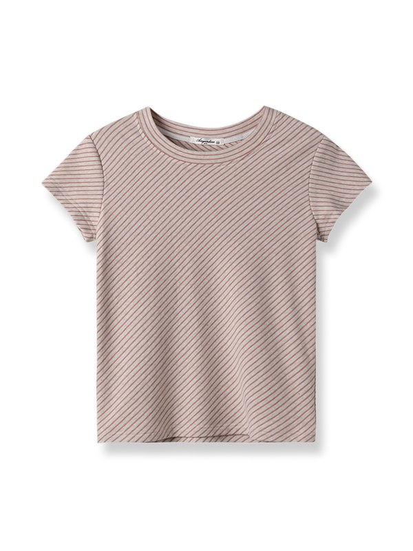 製品画像: ピンクストライプショルダーショートスリーブTシャツの全身展示図。