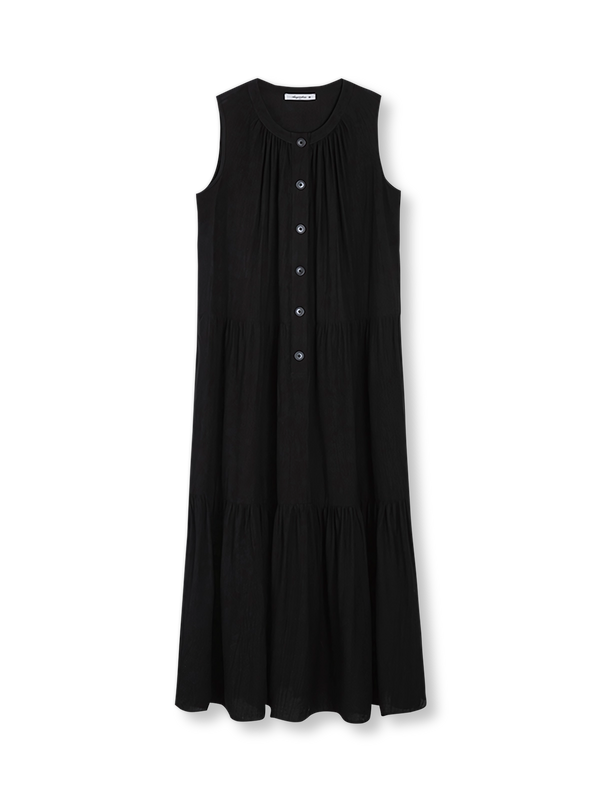 製品画像: スリムに見える黒い無袖テクスチャベストロングドレス正面図