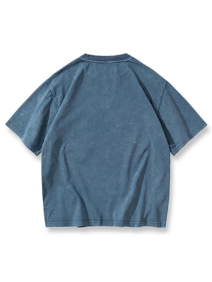 ブルーのウォッシュ加工高重量ダブルポケット半袖Tシャツの正面展示