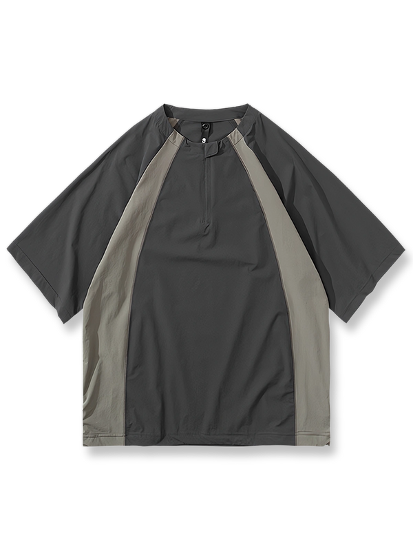  灰色配色のアウトドア速乾ショートスリーブジップポロシャツ正面展示