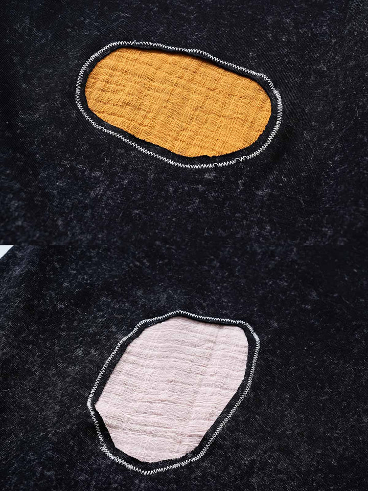 ハンドメイドカラーブロックパッチと刺繍のディテール