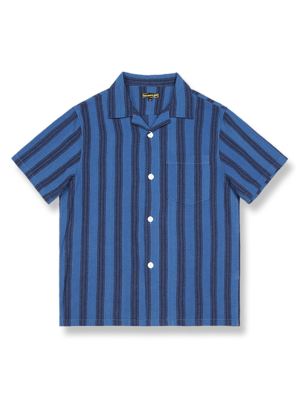 製品画像: 色織りストライプキューバカラーのレトロカジュアルウォッシュドコットンリネンシャツ全体図