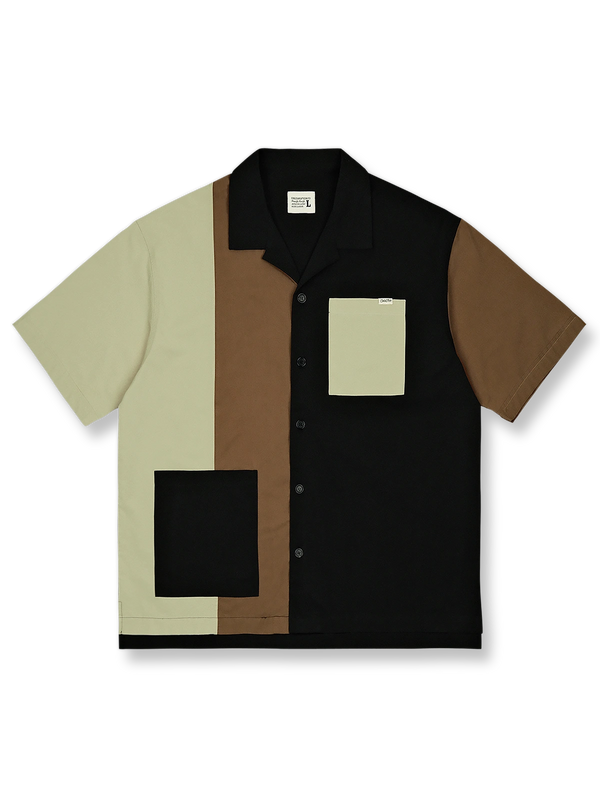 アメリカンカラーブロックの半袖シャツ正面全体図、ブラック・ホワイト・ブラウンの配色を展示。