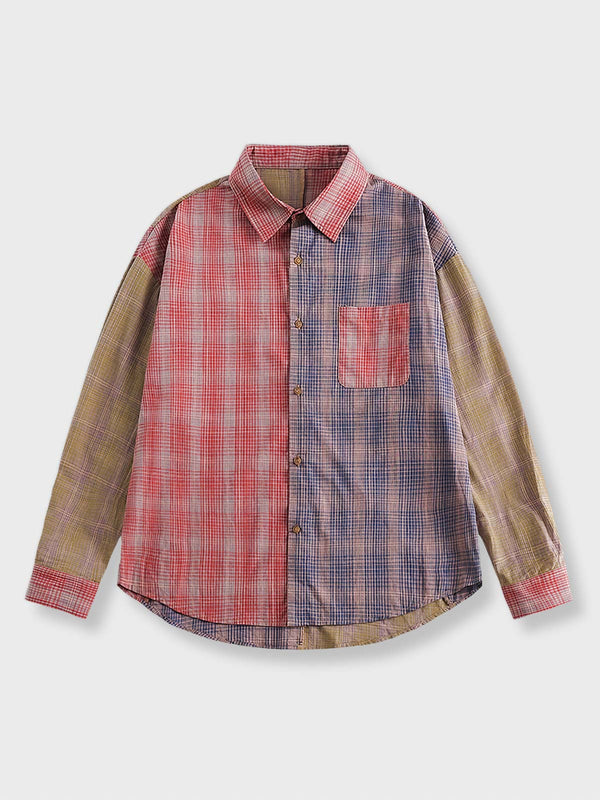 鮮やかなカラーブロックと異なる色のチェック柄が特徴のヴィンテージ風拼接デザインシャツ。一枚で存在感のあるスタイリングを実現。