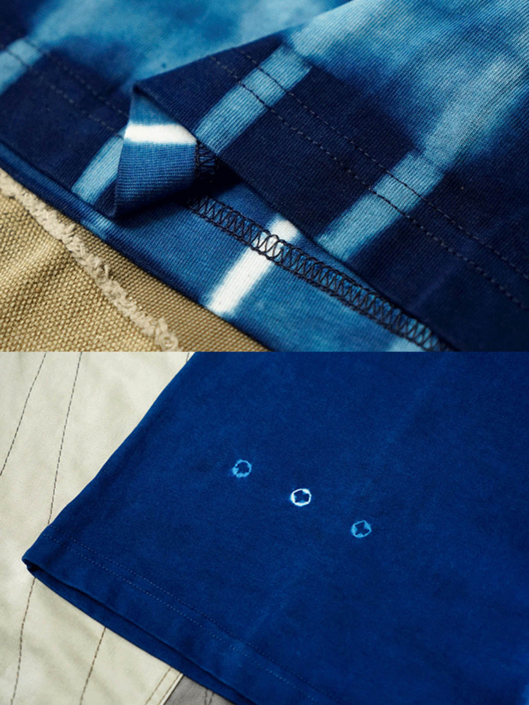 ディテールクローズアップ：手作り藍染めタイダイTシャツの生命力あふれるパターンと深い藍色、伝統的な手作り技術