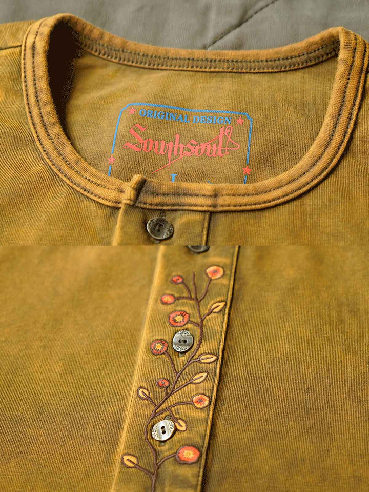 ヘンリーネックシャツの襟元と袖口の詳細。高品質のスレッド技術とカスタムリブが特徴です。