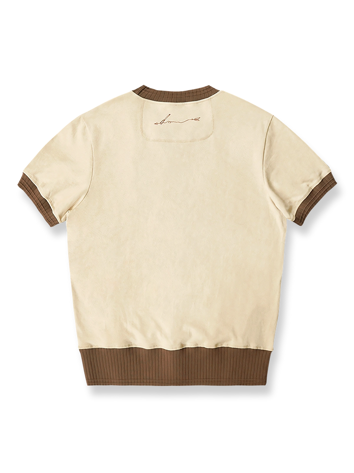ヴィンテージ重厚300gダブルヤーン純綿アイビーリーグ風刺繍Tシャツの平置き画像