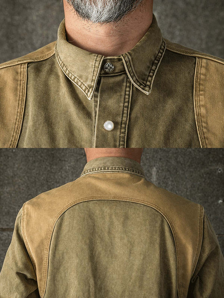 モデルが着用するヘビーデューティーリップストップジャングルクロスシャツジャケット