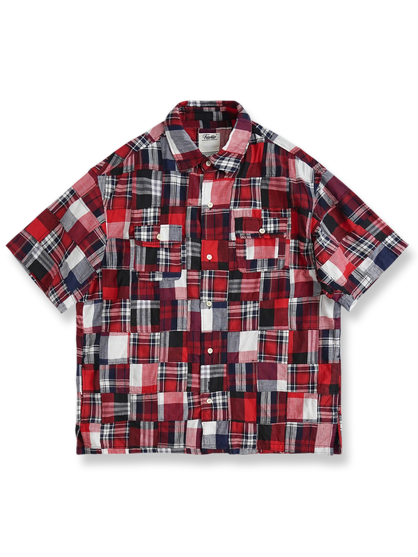 製品画像: シティボーイスタイルのレッドヒャクヤ布パッチワークデザインリラックス半袖チェックシャツの全体像