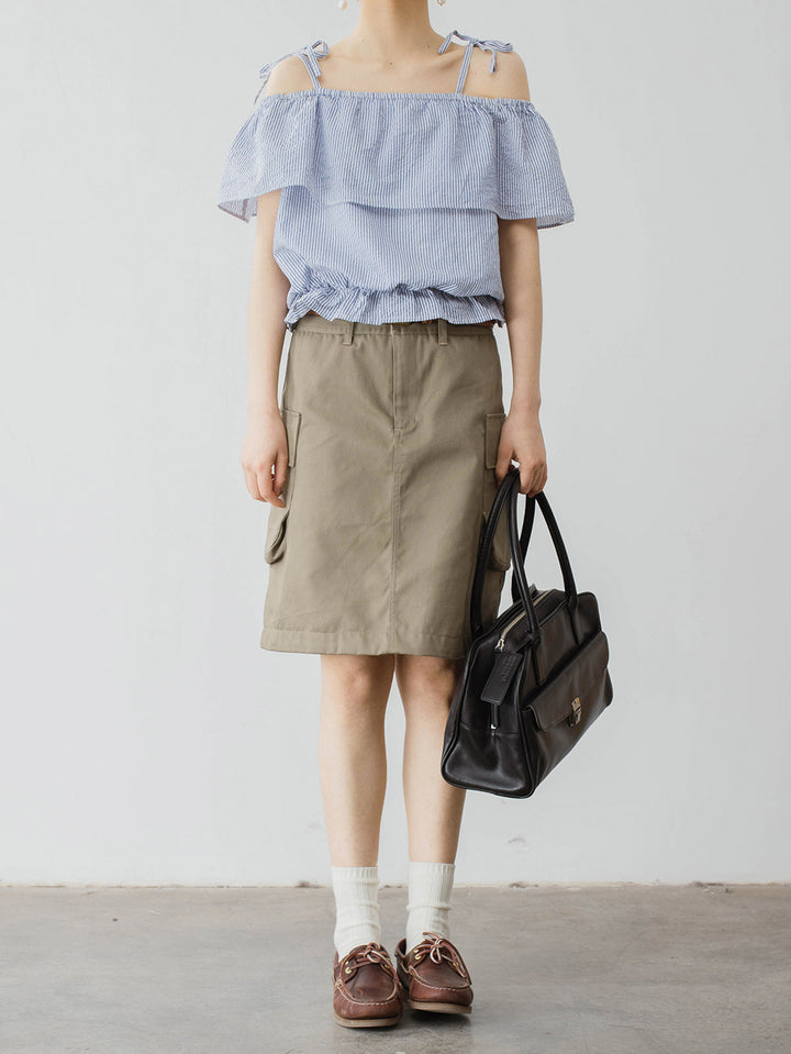 モデル画像: モデルが着用するフレンチレトロなアウトドア ワーク ミリタリーグリーン スカートの着用効果