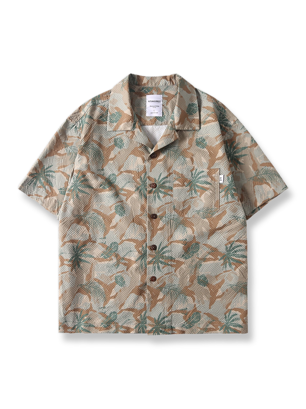 植物花柄カモフラージュ柄ハワイアン半袖シャツの全体像
