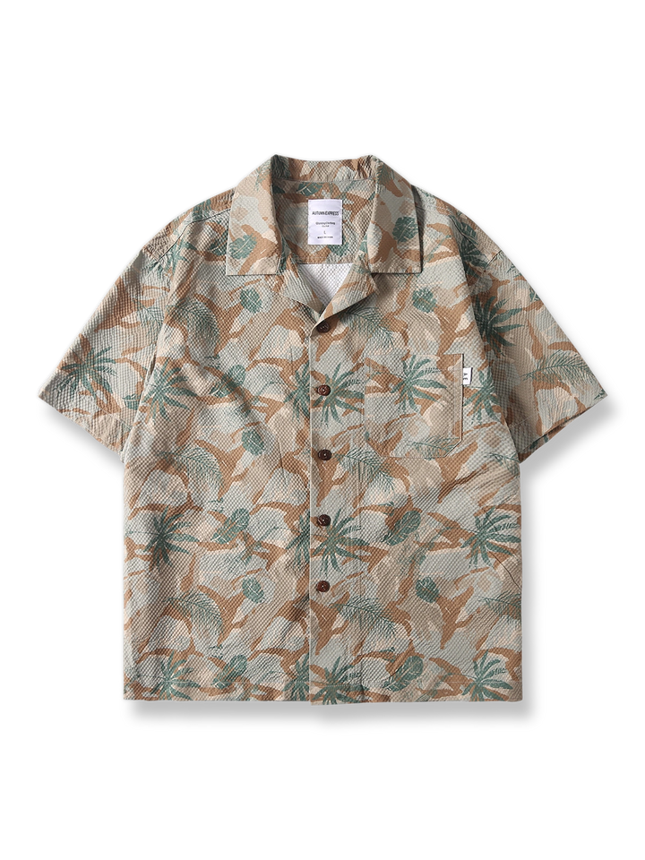植物花柄カモフラージュ柄ハワイアン半袖シャツの全体像