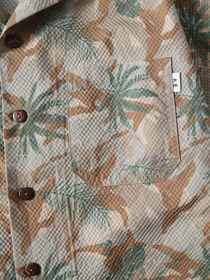 植物花柄カモフラージュ柄ハワイアン半袖シャツの生地の詳細