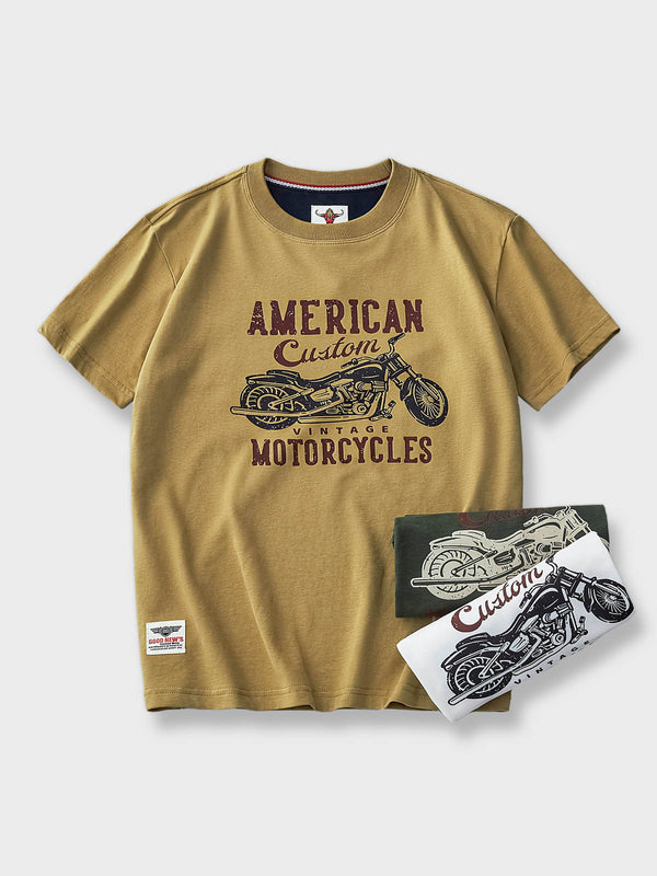 アメリカンカスタムモーターサイクルプリントが特徴のヴィンテージ風Tシャツ