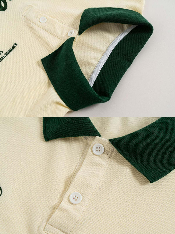 ポロシャツの襟元と袖口のクローズアップ、翻り襟と精巧なボタン、グリーンのストライプが洗練されたデザインを強調。