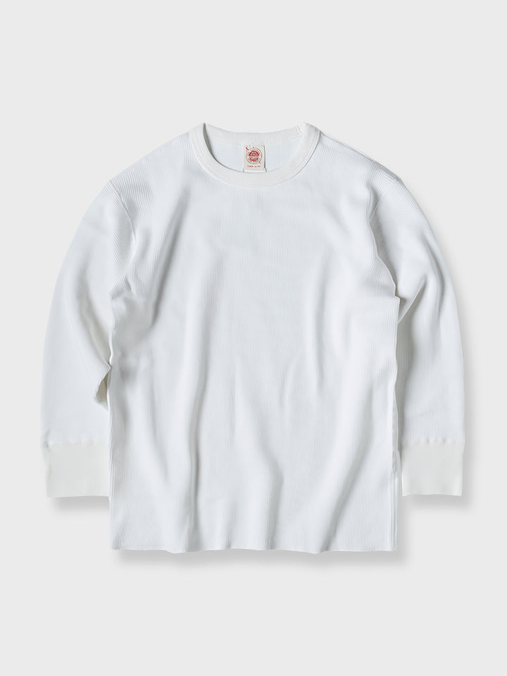 クラシックなワッフル格子模様の長袖Tシャツ、厚手のコットン生地使用、シンプルなクルーネックデザイン。