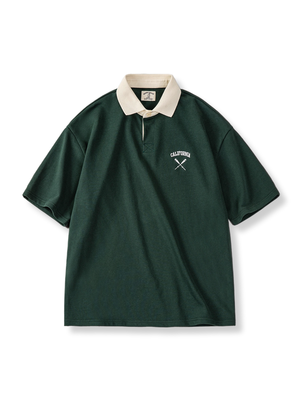 PESSOA CLUB レトロな襟付き緑白カラーブロック アカデミック風ポロシャツ正面展示