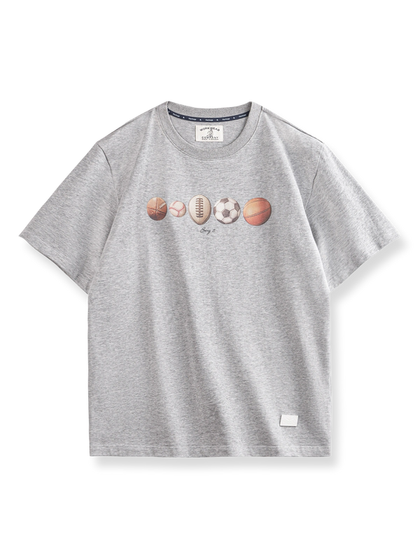 製品画像: グレーのアメリカンヴィンテージボールエレメントデジタルプリントTシャツの正面展示