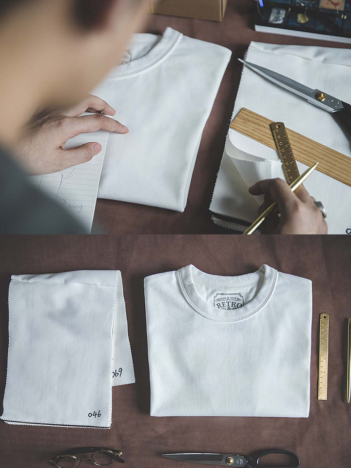 アメリカンヴィンテージのクルーネックTシャツのスウェット加工ディテールクローズアップ。生地の粗野な感触と細かな質感が見て取れ、質感が厚みを持ちながらも通気性が保たれています。独特の加工技術により、ヴィンテージ魅力が強調されています。