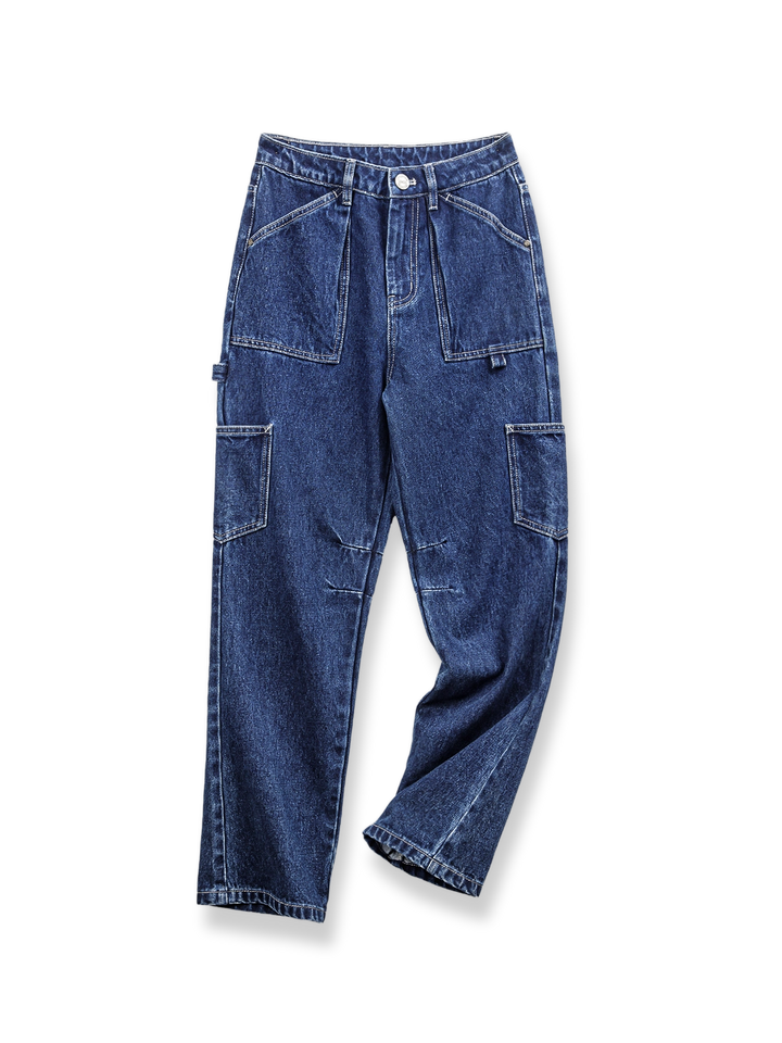 製品画像: 深いブルーのウォッシュ多ポケットワークジーンズ全貌