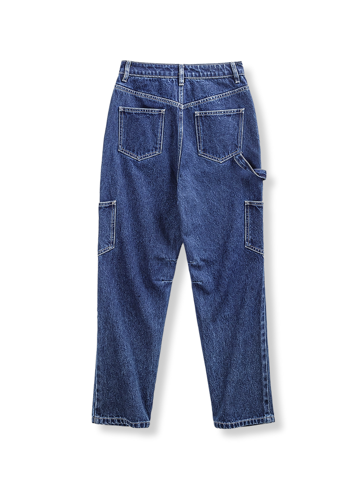 製品画像: 深いブルーのウォッシュ多ポケットワークジーンズ全貌