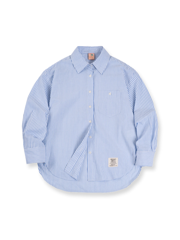 フレンチスタイル・ブルー&ホワイト ストライプ綿麻長袖シャツ