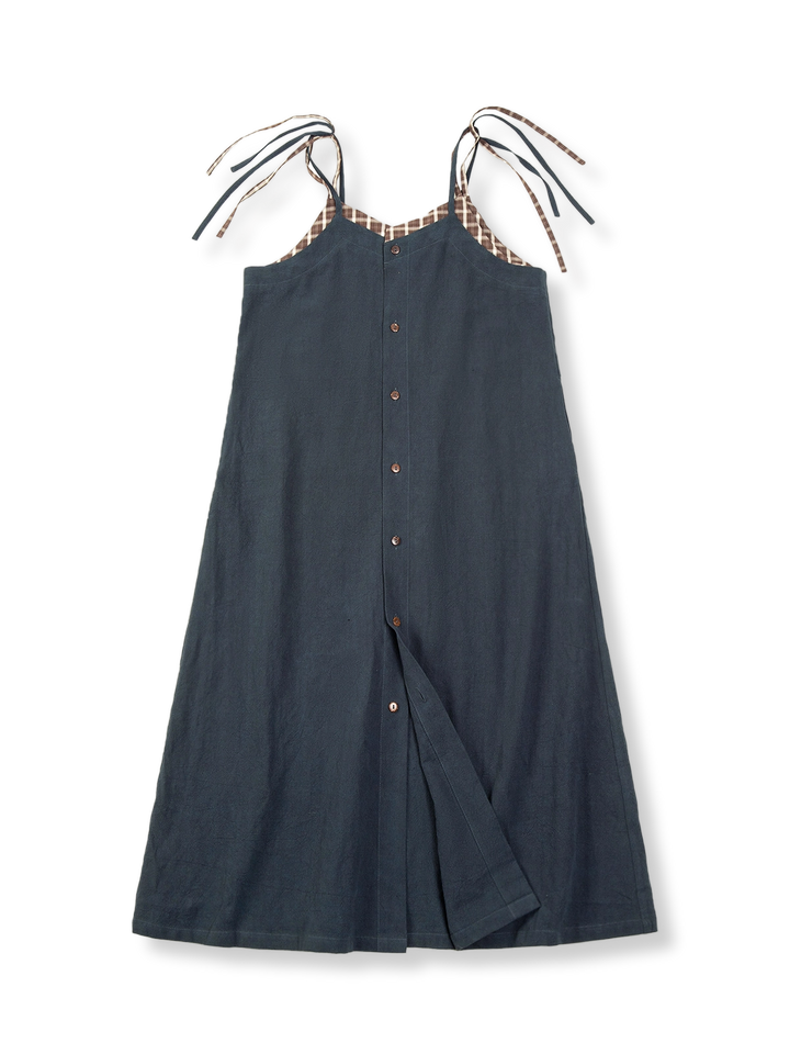 アメリカンワークスタイルのブラウンカフェチェックパッチワークコットンリネンジャンパースカートを展示。