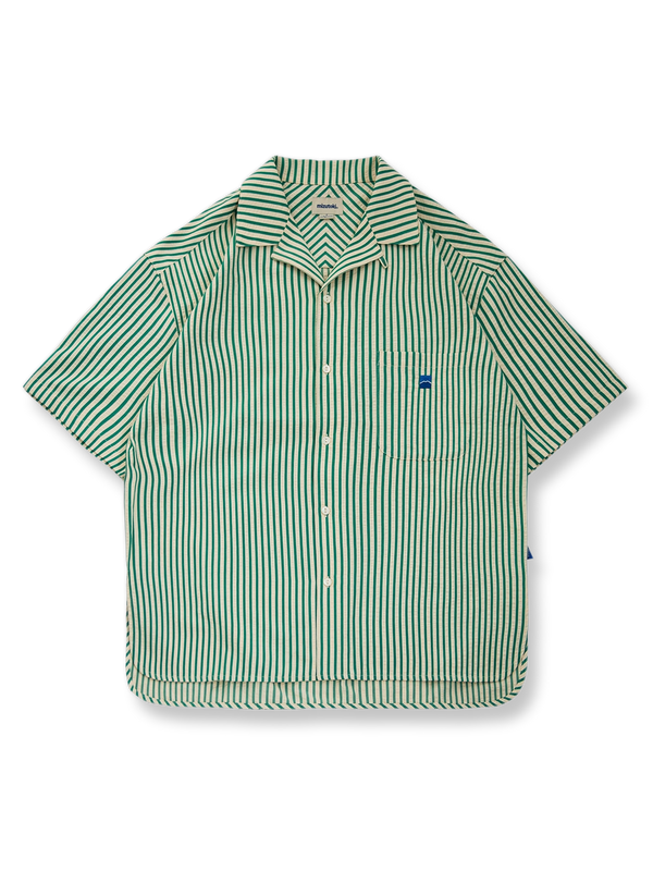 レトロ縦縞色織りシアサッカー半袖シャツの正面画像