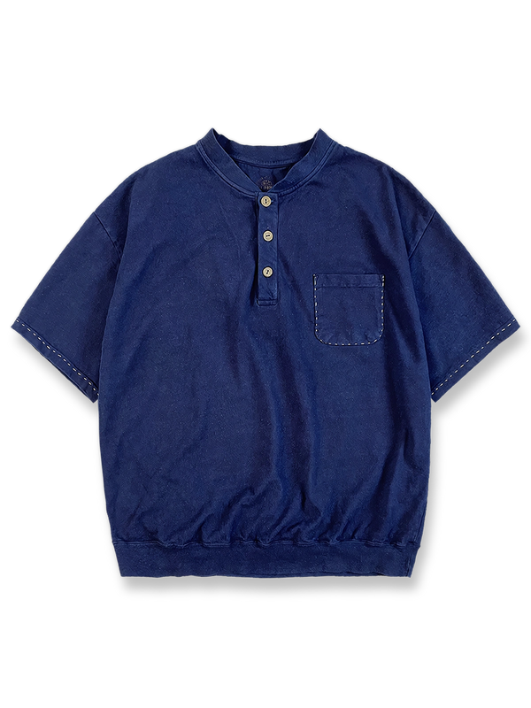 藍染めルーズフィットヘンリーネック五分袖Tシャツ正面図