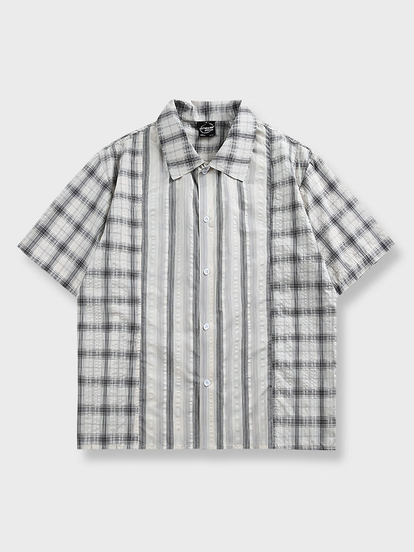 クラシックなストライプとチェックを組み合わせたパッチワーク半袖シャツ。