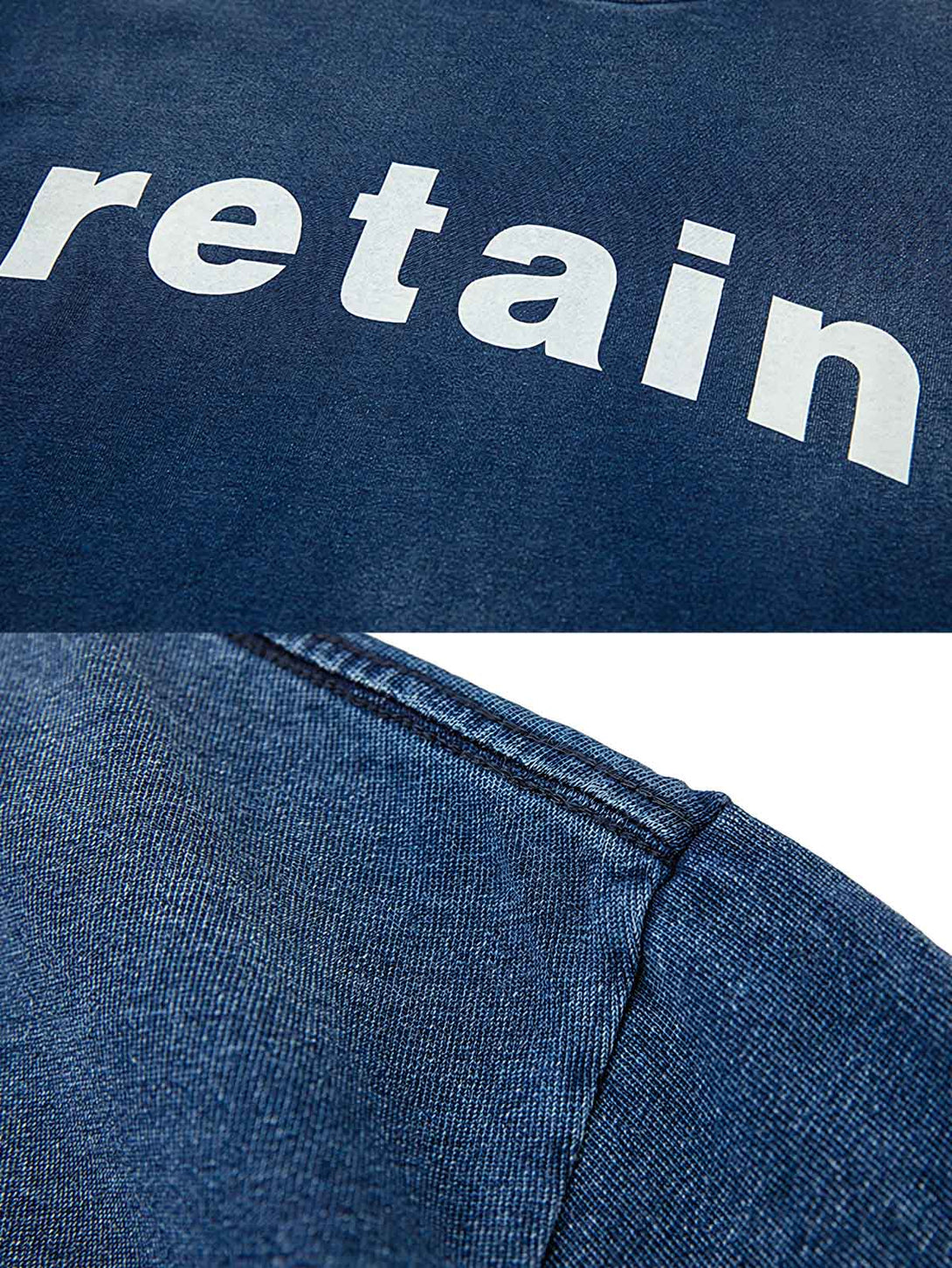 詳細画像: Tシャツの藍染めディテールと「retain」プリントデザイン