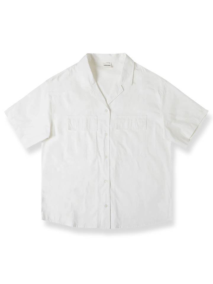 エンザイムウォッシュ加工のアメリカンキューバカラーワークポケット付きショートスリーブシャツの全体像