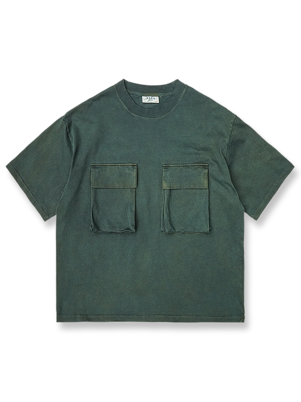 手工古法植物染ヘビーウェイトフラップポケット付き半袖Tシャツ全貌