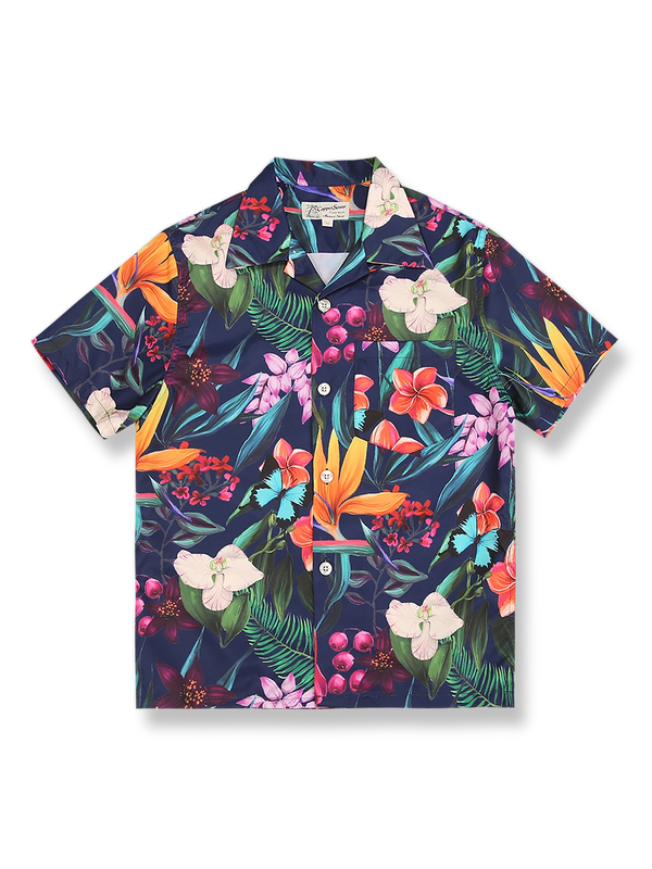 : 胡蝶蘭&ストレリチアキューバカラーのハワイアンカジュアルショートスリーブシャツの全景画像