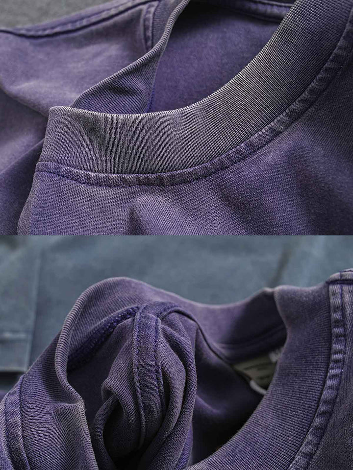 ドロップショルダーヘビーウェイトTシャツの細部と高品質ダブルヤーンピュアコットン素材のクローズアップ。通気性と吸湿性に優れ、独特の加工技術による色落ちのしにくいテクスチャを特徴としています