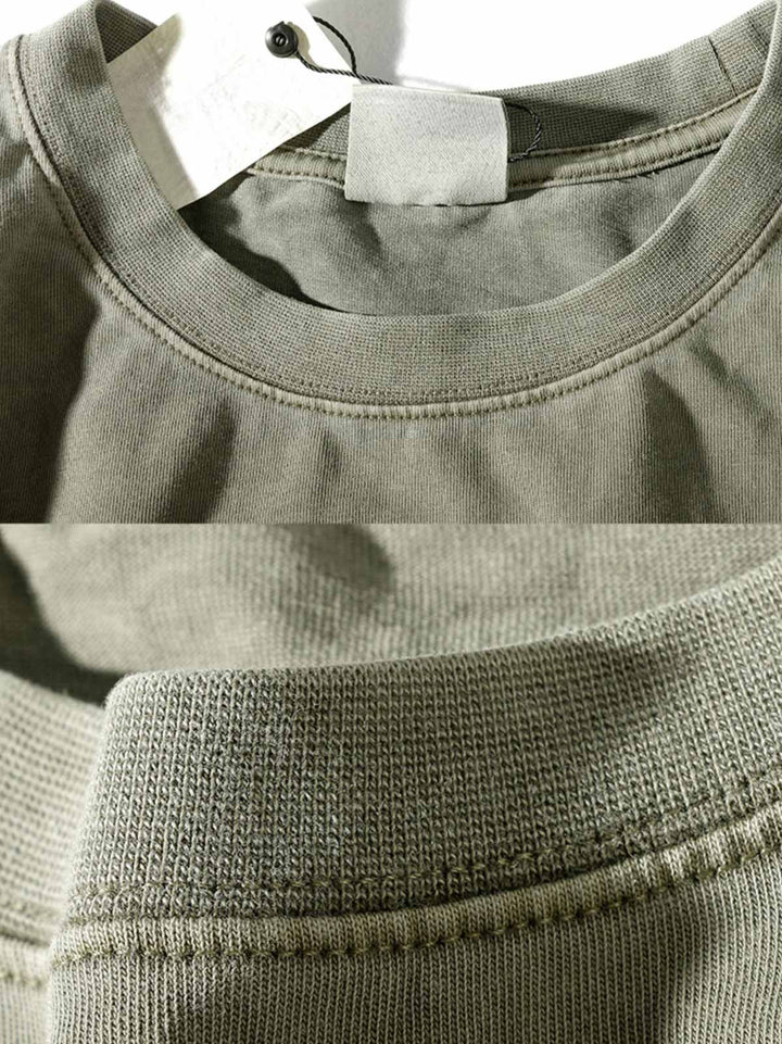 ヴィンテージ風ヘビーウォッシュ純綿クルーネック半袖Tシャツの生地の詳細