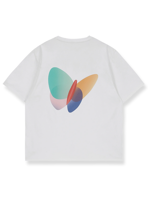 製品画像: MSNカラー蝶プリントTシャツの正面図、パロディ風の蝶プリントを展示