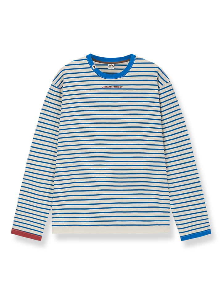 製品画像: リブ切り替えストライプ長袖Tシャツの正面図、セーラースタイルのデザインとカラー切り替えリブのディテールを展示