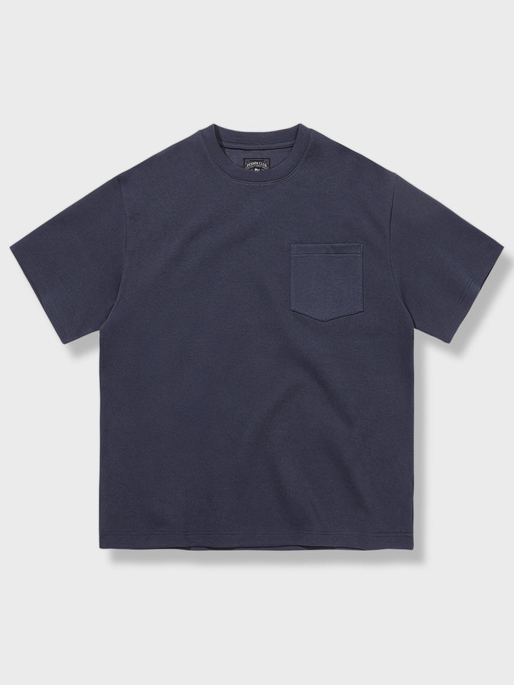 PARDONの単色ブルー半袖Tシャツ、シンプルでクラシックなデザイン、白背景で撮影。