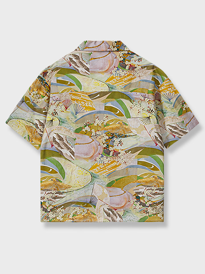 PLAME AUBEのキューバカラー半袖シャツ、古風な日本プリントデザイン、コットン100%、白背景