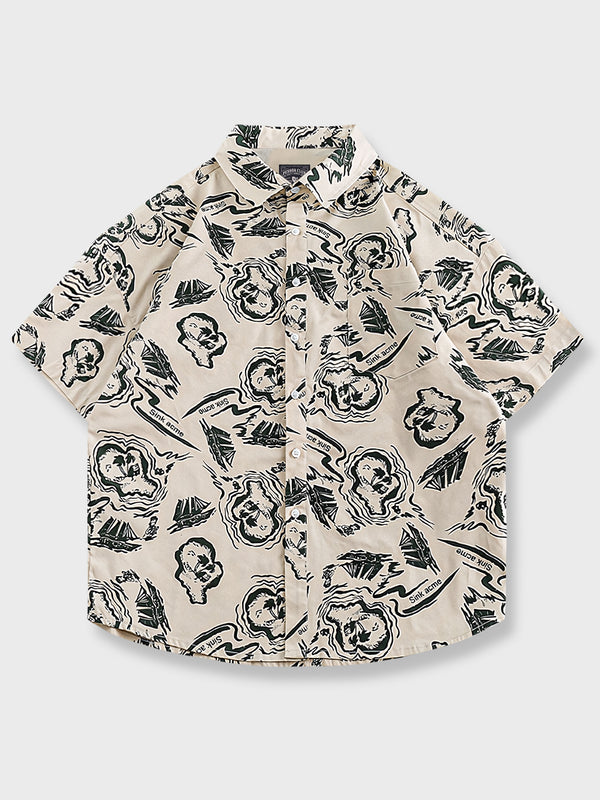 海島とヤシの木柄 スケッチ風プリント半袖シャツ