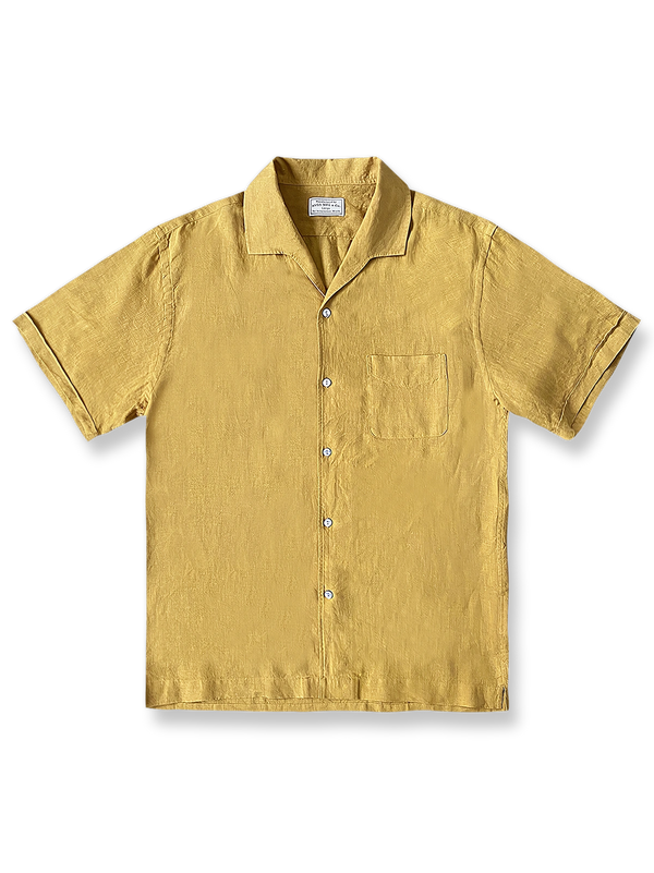 1950年代イタリアンカラーのジャガードイエローピュアリネンシャツの正面全体図、カラーとシェルボタンを展示