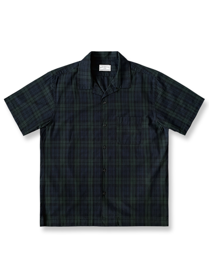 ダークグリーン＆ネイビーチェック キューバカラー半袖シャツ全体像