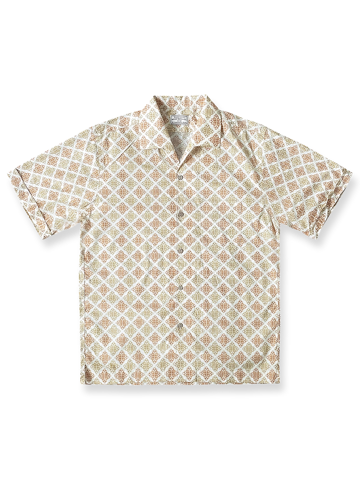 1950s暖色プリントイタリアンカラー半袖シャツ全体像
