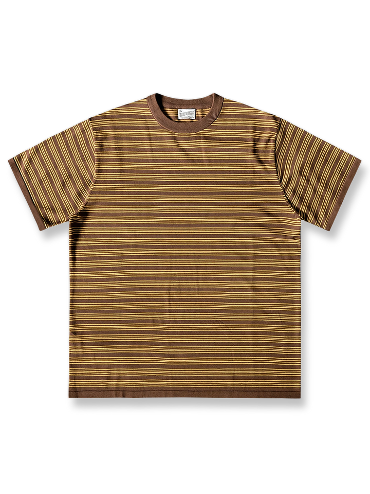 ブラウン＆アプリコットストライプのルーズフィットクルーネック半袖Tシャツ全体