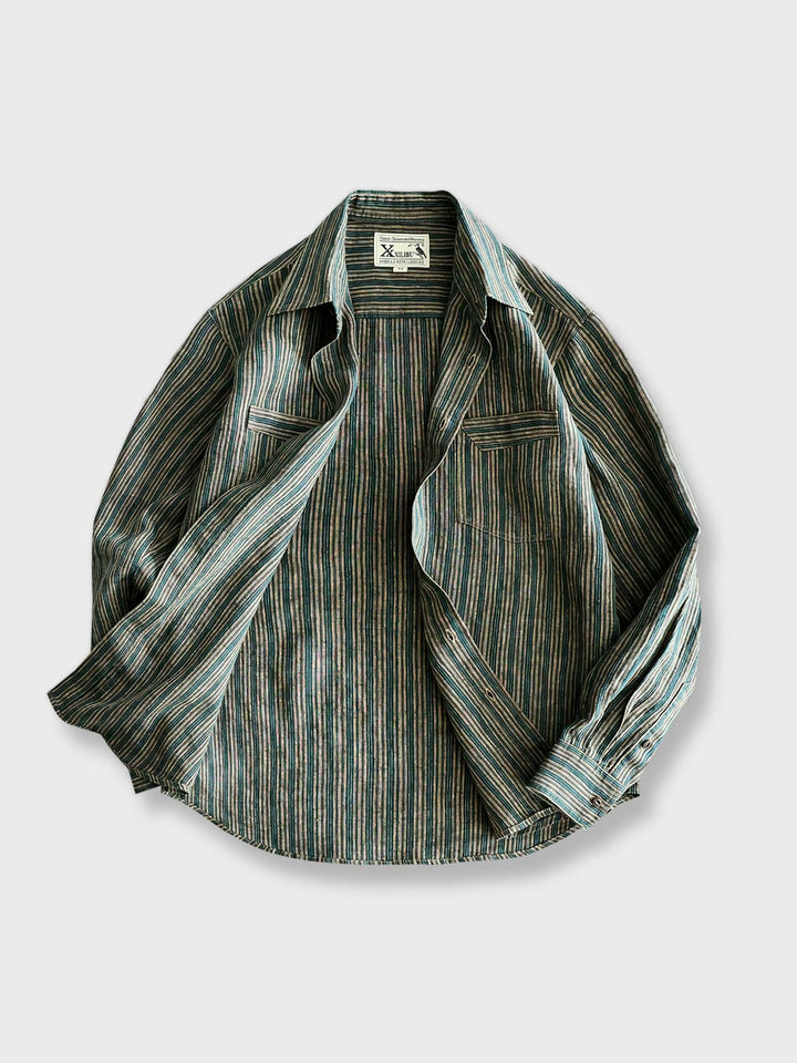 製品画像: 緑とブラウンストライプのリネン長袖シャツ