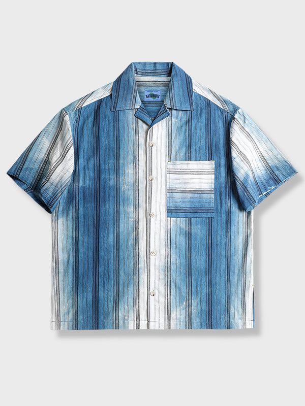 藍染グラデーション ストライプ綿麻半袖シャツ