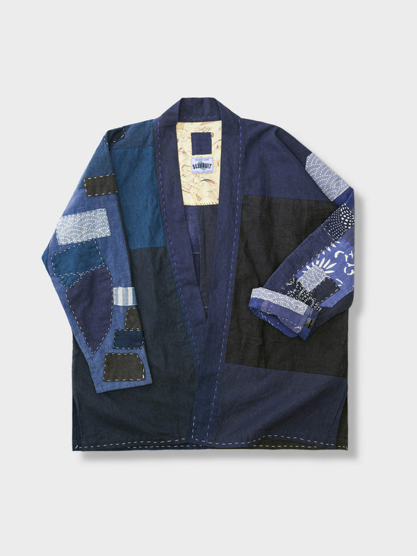 藍染古布のパッチワークスタイルの刺子長道袍、クラシックなミディアムレングスの寿司道袍スタイル