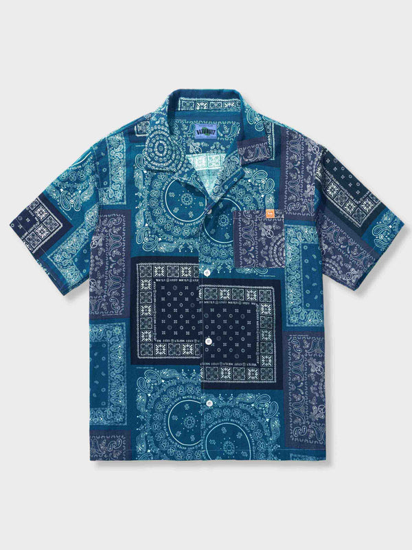 藍染め工芸で仕上げられたペイズリー柄パッチワークシャツ、ヴィンテージ感とスペシャル感を兼ね備える